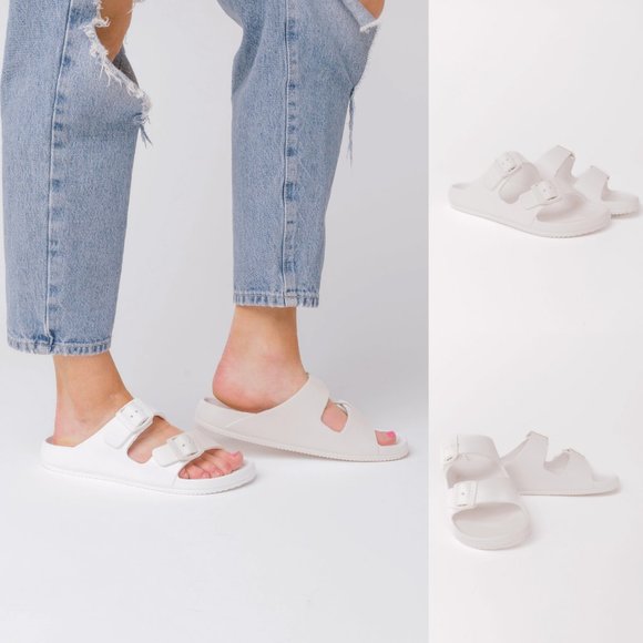 NEW Adjustable Double Buckled Straps Comfy Slip On Slides Slippers Sandals White - Picture 10 of 13